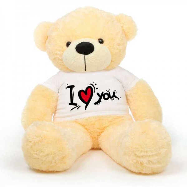 Peach 5 feet Big Teddy Bear wearing a I Love You T-shirt